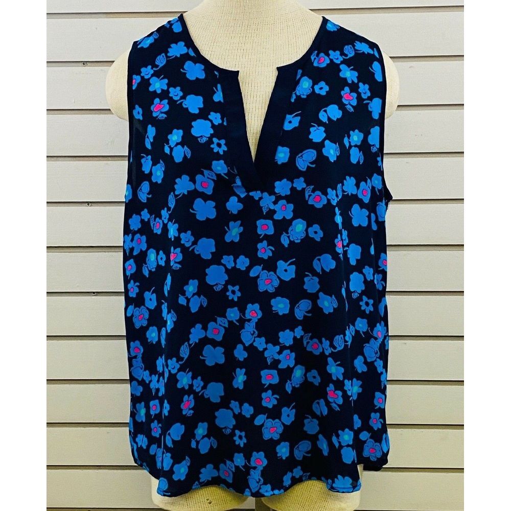 Womens L Pixley‎ Sleeveless Tank Top Blue Floral Polyester V Neck